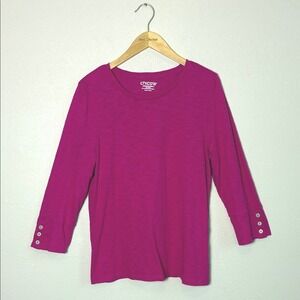 CHICO'S Size 2 US Large Bright Pink Cotton Modal 3/4 Sleeve Casual Top Basic